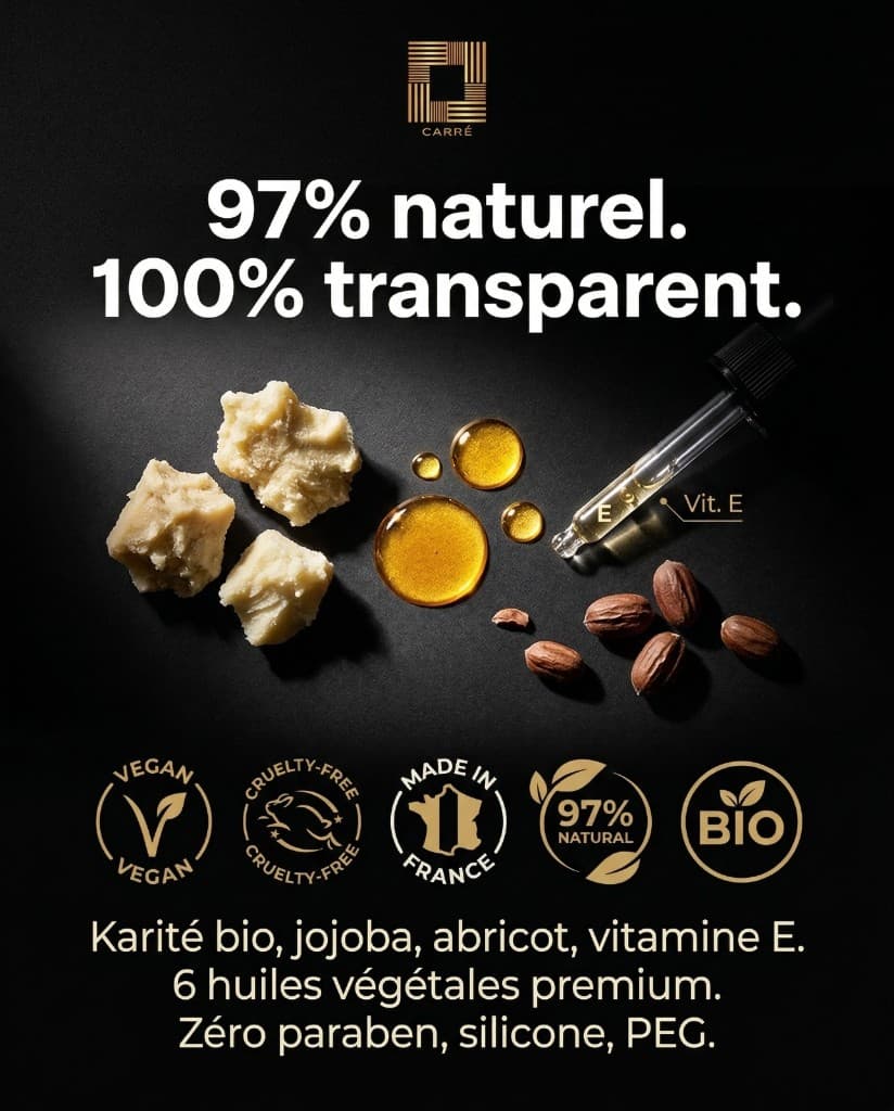 97 % naturel, 100 % transparent - karité bio, jojoba, abricot, vitamine E